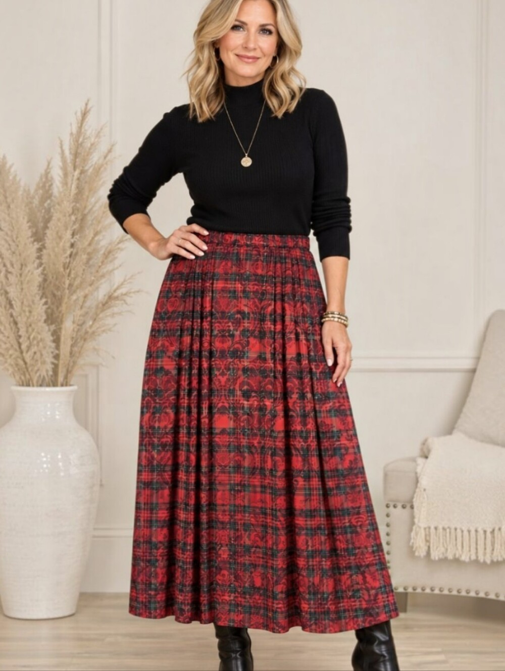 Vintage 80s 90s Portraits Northern Isles Plaid Jacquard Damask Midi Skirt Size 8